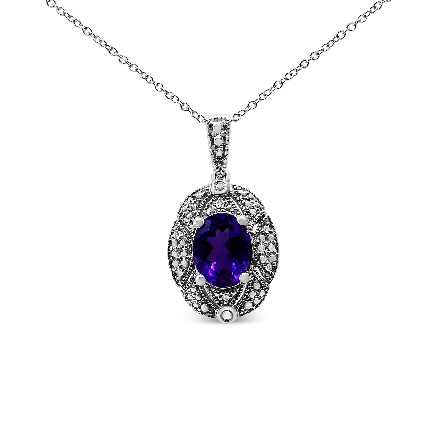 .925 Sterling Silver Diamond Accent and 9x7mm Purple Oval Amethyst Gemstone Pendant 18" Necklace (I-J Color, I1-I2 Clarity) Bids.com