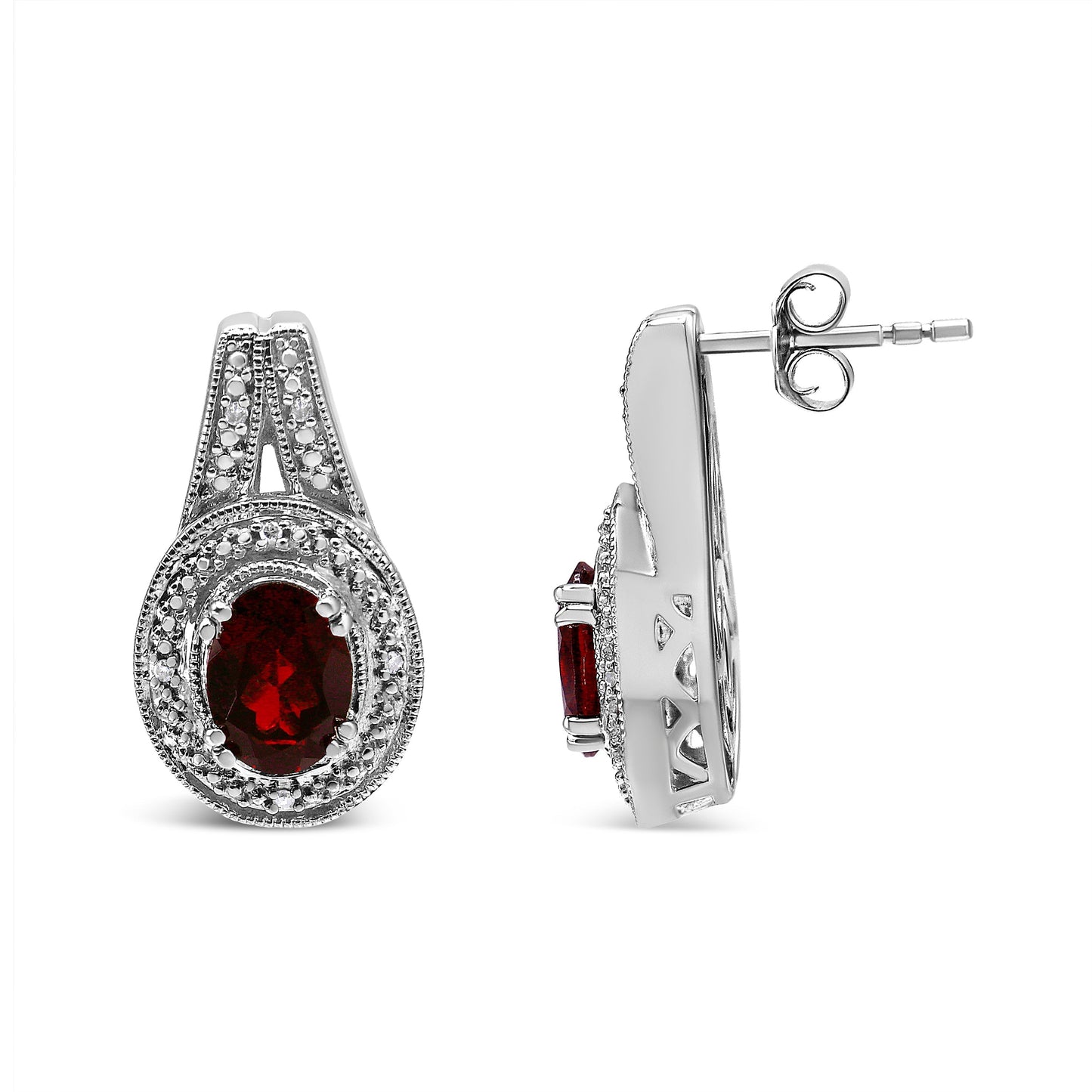 .925 Sterling Silver Diamond Accent and 8x6mm Red Oval Garnet Stud Earrings (I-J Color, I1-I2 Clarity) Bids.com