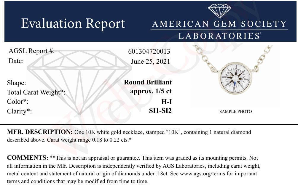 AGS Certified 10K White Gold 1/5 Cttw Bezel Set Round Diamond Solitaire 16-18" Adjustable Pendant Necklace (H-I Color, SI1-SI2 Clarity) Bids.com