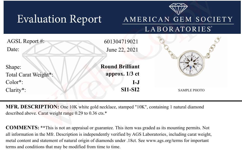 AGS Certified 10K White Gold 1/3 Cttw Bezel Set Round Diamond Solitaire 16-18" Adjustable Pendant Necklace (I-J Color, SI1-SI2 Clarity) Bids.com