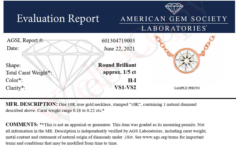 AGS Certified 10K Rose Gold 1/5 Cttw Bezel Set Round Diamond Solitaire 16-18" Adjustable Pendant Necklace (H-I Color, VS1-VS2 Clarity) Bids.com