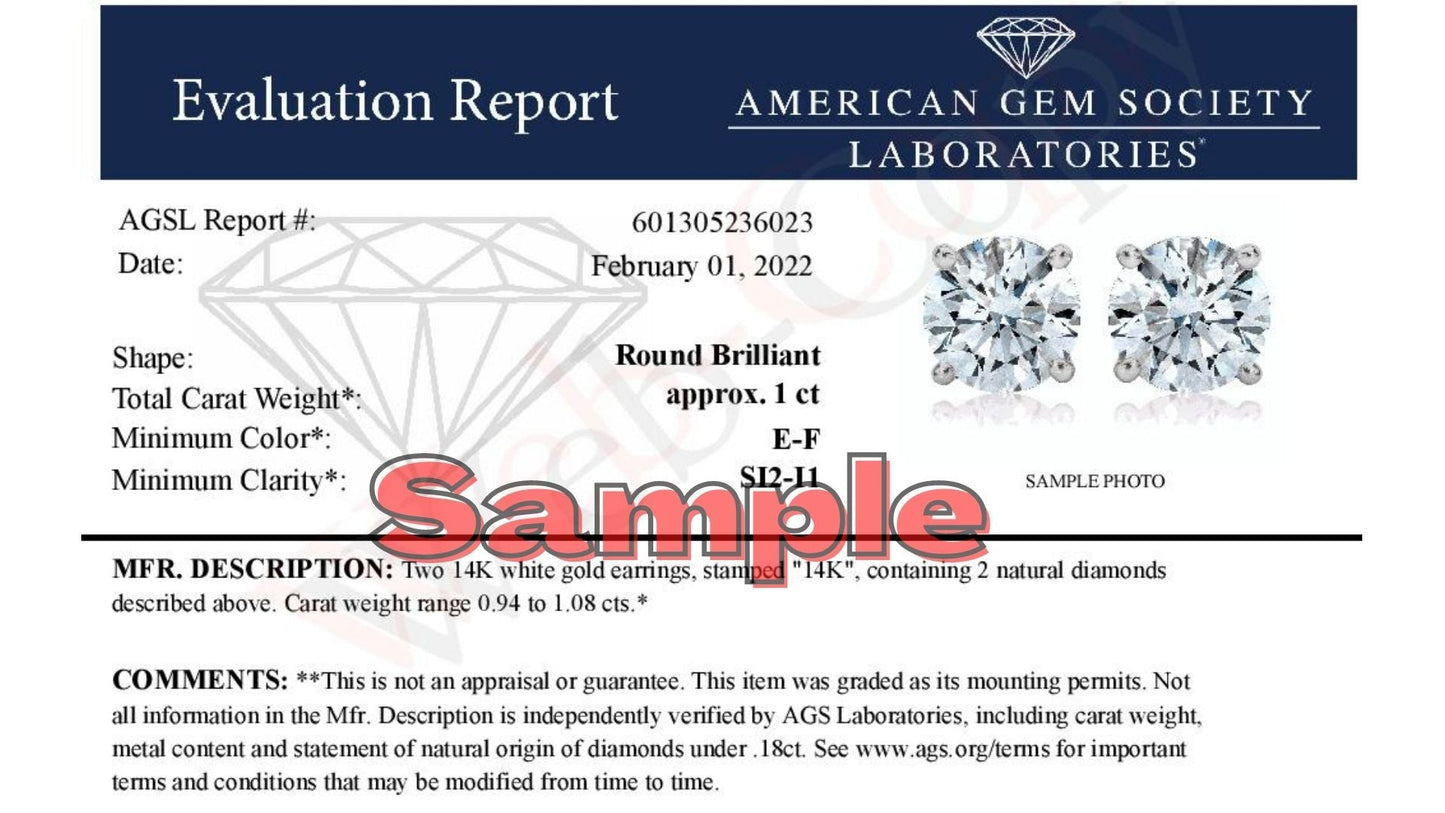 AGS Certified 14K White Gold 1.0 Cttw 4-Prong Set Brilliant Round-Cut Solitaire Diamond Push Back Stud Earrings (E-F Color, SI2-I1 Clarity) Bids.com