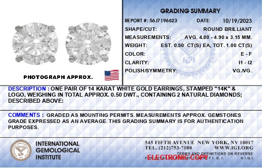 IGI Certified 14K White Gold 1.0 Cttw 4-Prong Set Brilliant Round-Cut Solitaire Diamond Push Back Stud Earrings (E-F Color, I1-I2 Clarity) Bids.com