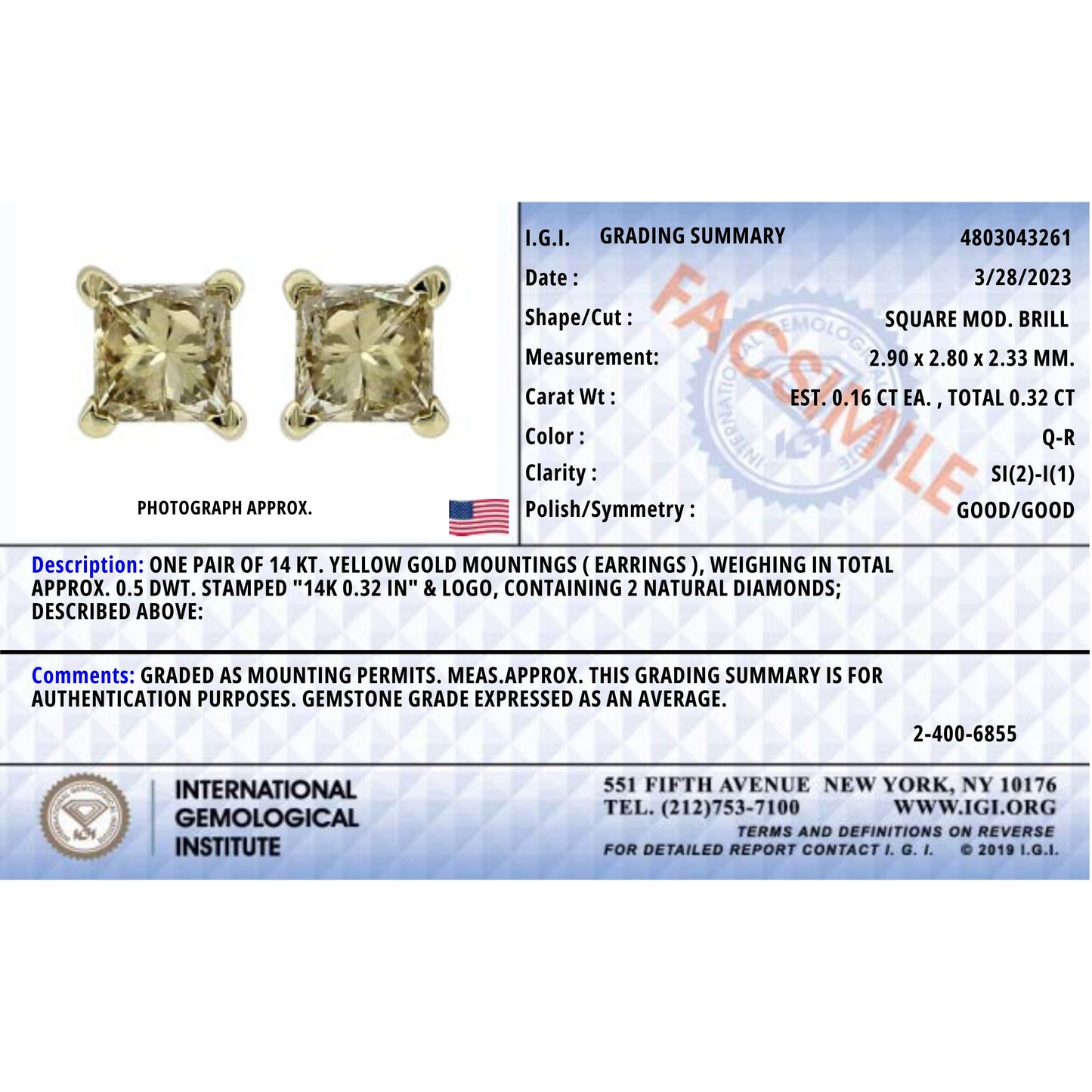 IGI Certified 14k Yellow Gold 1/3 Cttw 4-Prong Set Princess-Cut Solitaire Diamond Push Back Stud Earrings (Q-R Color, I1-I2 Clarity) Bids.com