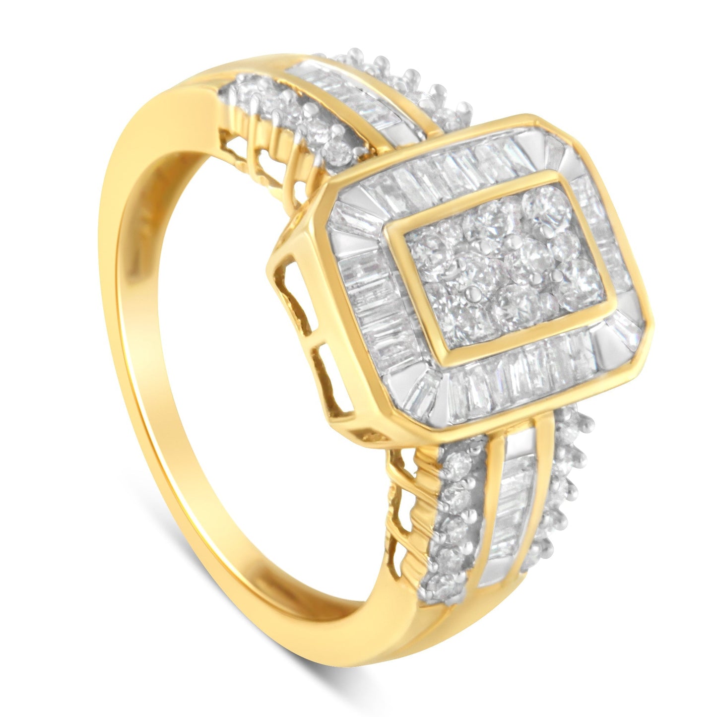 10K Yellow Gold Round and Baguette-Cut Diamond Cocktail Ring (1.0 Cttw, H-I Color, SI2-I1 Clarity) - Size 7 Bids.com