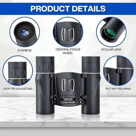 High Powered Mini Pocket Binoculars 10x25 with Phone Adapter – Compact, Lightweight, Portable – Black DailySale