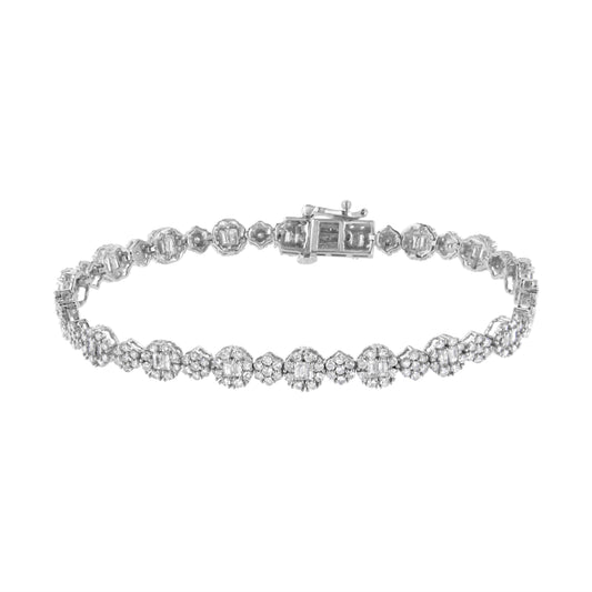 10K White Gold 4.0 cttw Brilliant Round-cut and Baguette Diamond Floral Cluster Link Bracelet (I-J Clarity, I1-I2 Color) - Size 7" Bids.com