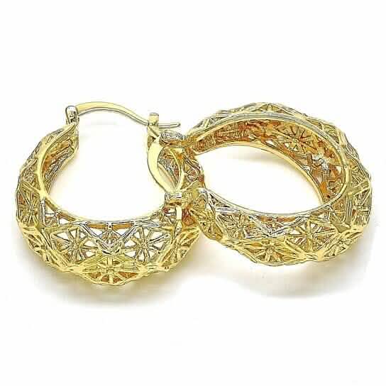 18k Gold Filled High Polish Finsh Diamond Cut Fancy Filigree Hoop Earrings Textured Gold Hoop Earrings DailySale
