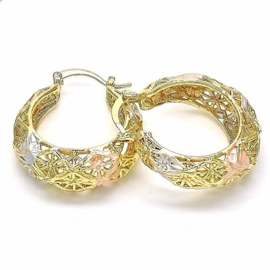 18k Gold Filled High Polish Finish Diamond Cut Fancy Filigree Hoop Earrings Textured Tri-gold Hoop Earrings 40mm DailySale