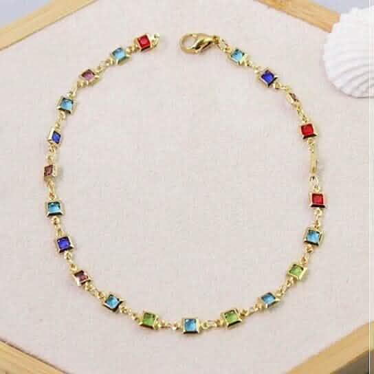18K Gold Plated Light Multi Color Crystal Square Ankle Bracelet DailySale