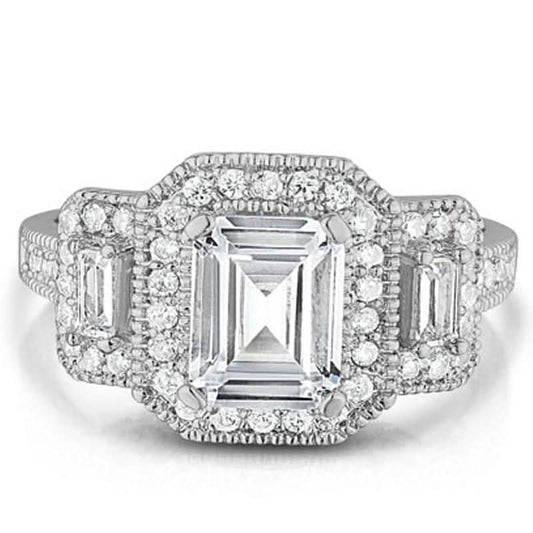 18k White Gold Tri Stone Emerald Cut Cubic Zirconia Ring DailySale