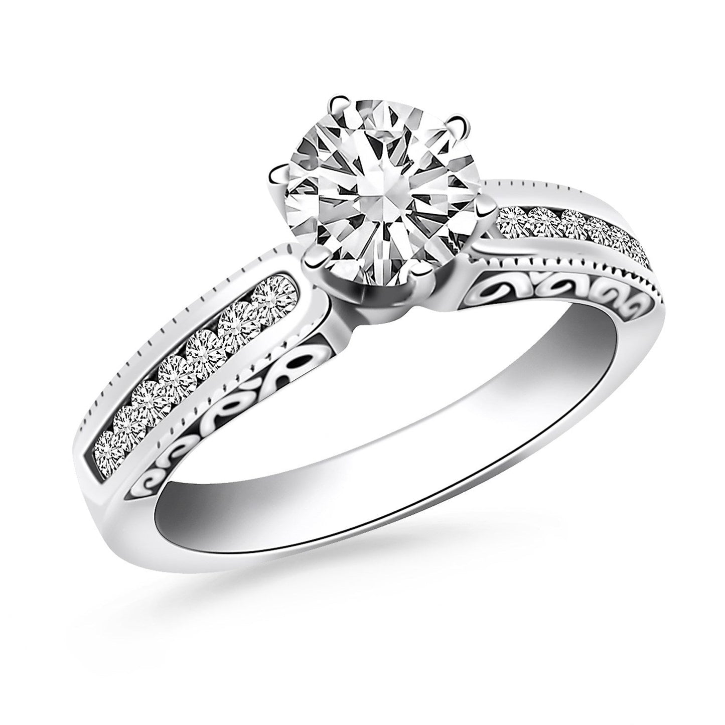 14k White Gold Channel Set Engagement Ring with Engraved Sides Bids.com