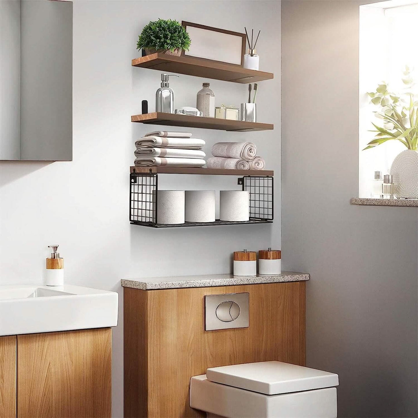 2-in-1 Floating Shelves Wall Mounted with Storage Basket DailySale