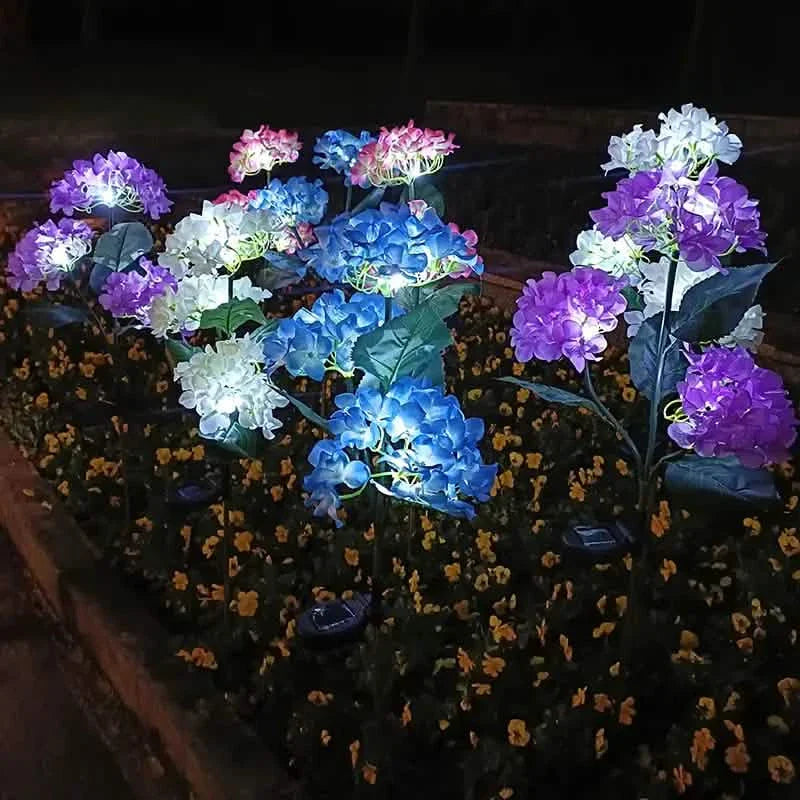 2-Pack: Hydrangea Solar LED Flower Lights with 3 Heads Outdoor Waterproof Garden Lights DailySale