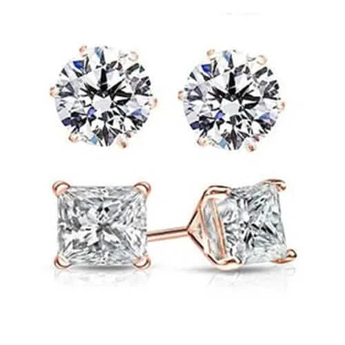 2 Pairs: Round and Princess Cut Rose Gold Stud Earrings DailySale