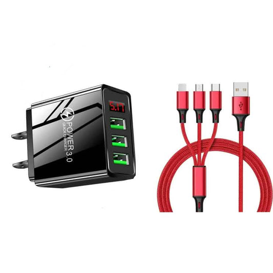 2-Piece Set: 3-Port LED Display High Speed Wall Charger Black + 3-in-1 Cable DailySale