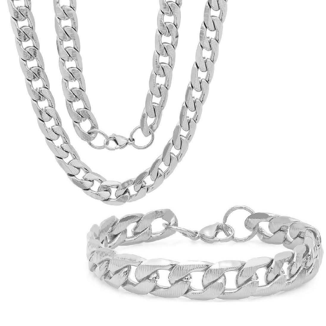 2-Piece Set: Stainless Steel Men's Line-Cut Cuban Link Chain 24" Necklace and 8-1/2" Bracelet Set DailySale