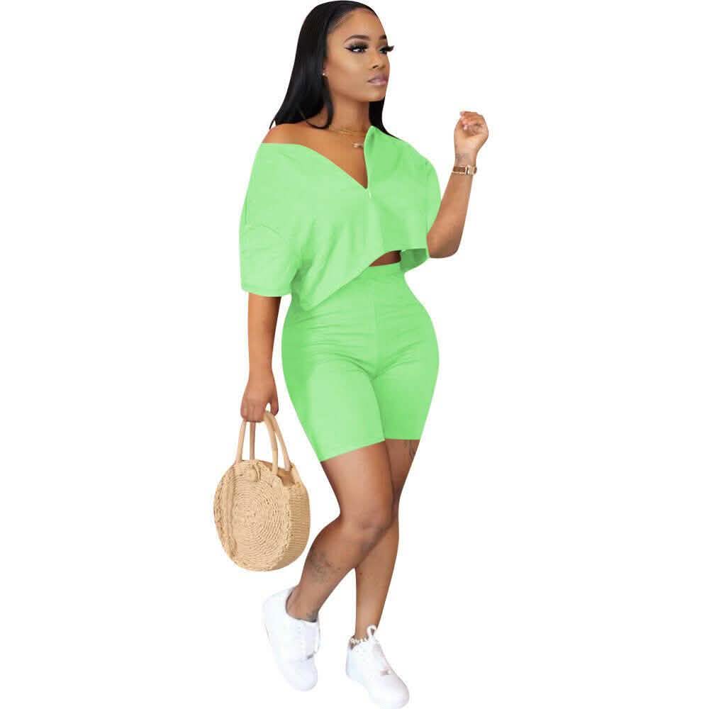 2-Piece Set: Women Solid Color Short Sleeves Zipper Casual Jumpsuit Outfits DailySale