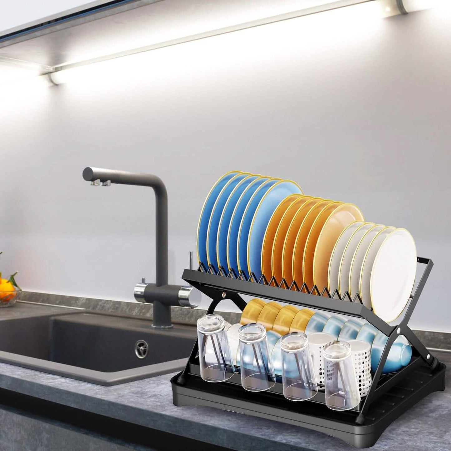 2-Tier Dish Drying Rack with Cup Holder and Drainboard DailySale