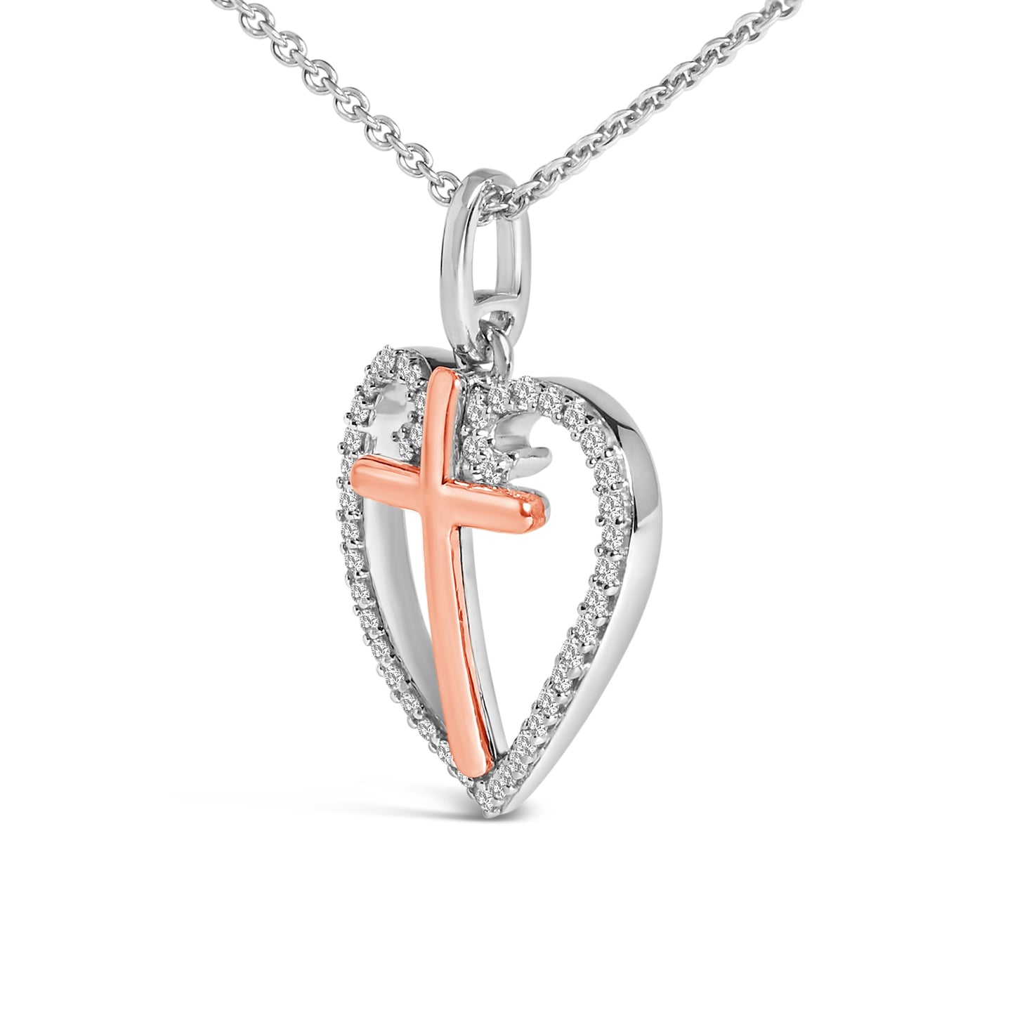 14K Rose Gold Plated Sterling Silver 1/5 Cttw Diamond Heart Cross Pendant Necklace Bids.com