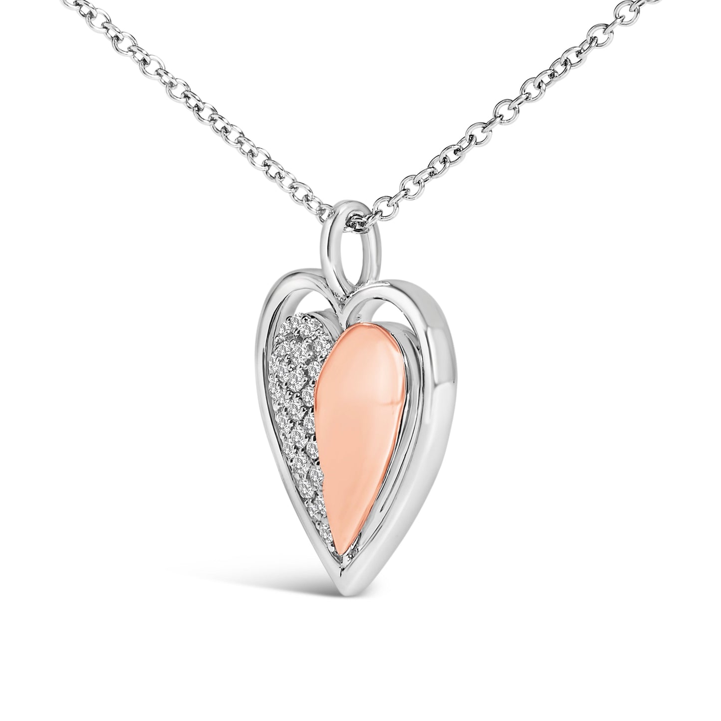 10K Rose Gold Plated Sterling Silver 1/5 Cttw Diamond Two-Tone Heart Pendant Necklace Bids.com