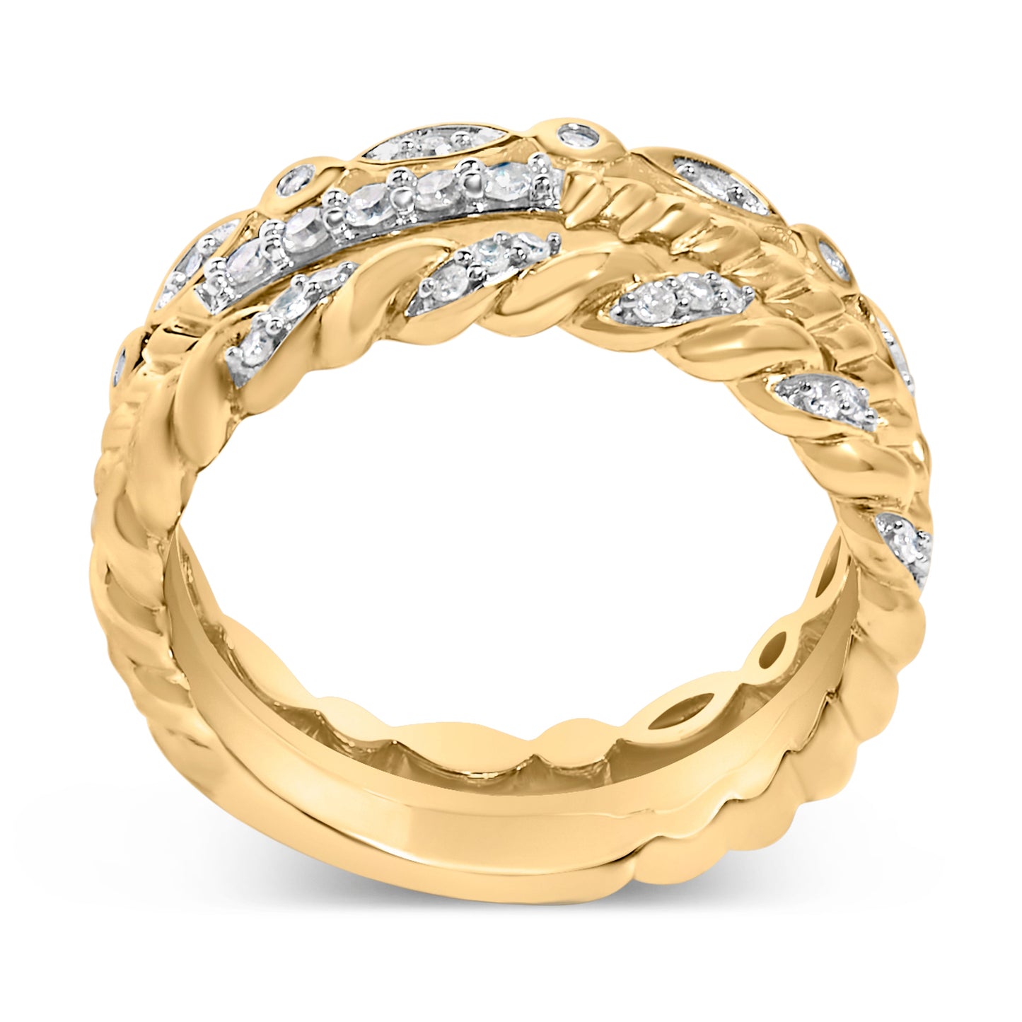 14K Yellow Gold Plated Sterling Silver 1/4 Cttw Diamond Twist Leaf Stackable Ring Set Bids.com