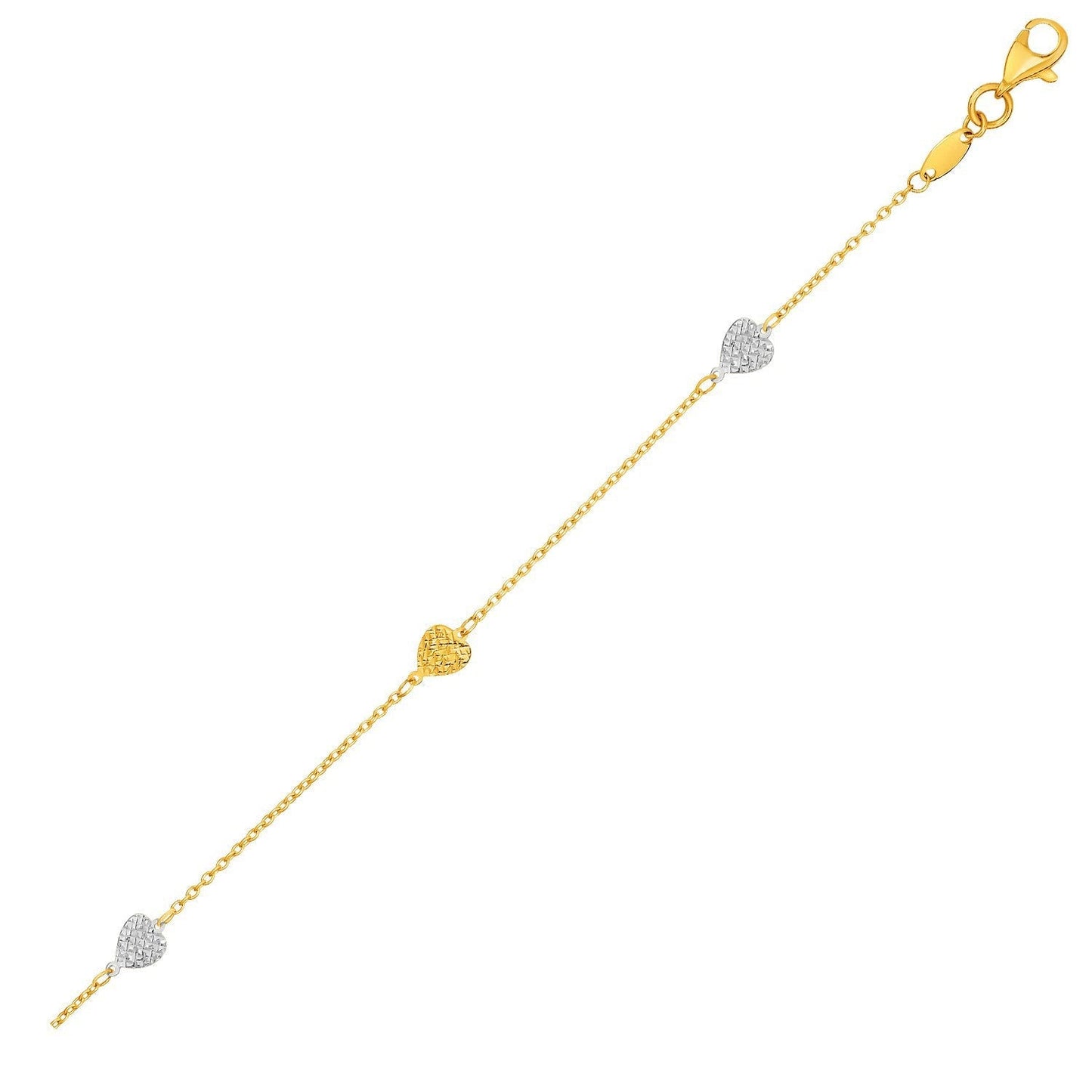 14k Two-Toned Yellow and White Gold Anklet with Textured Hearts Bids.com