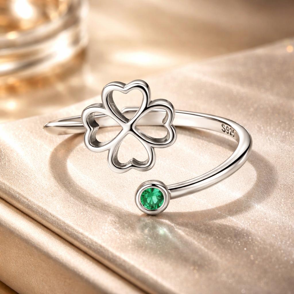 925 Sterling Silver Four-Leaf Clover Ring with Pavé CZ - 0.15cm Width Bids.com