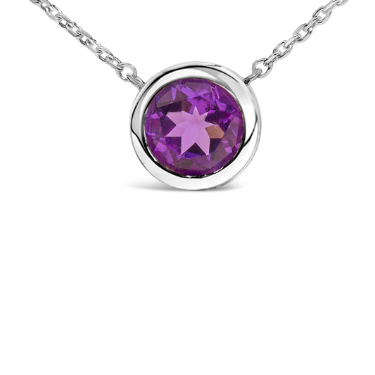 .925 Sterling Silver 7MM Bezel Set Created Purple Amethyst Pendant Necklace - 18" Inches Bids.com