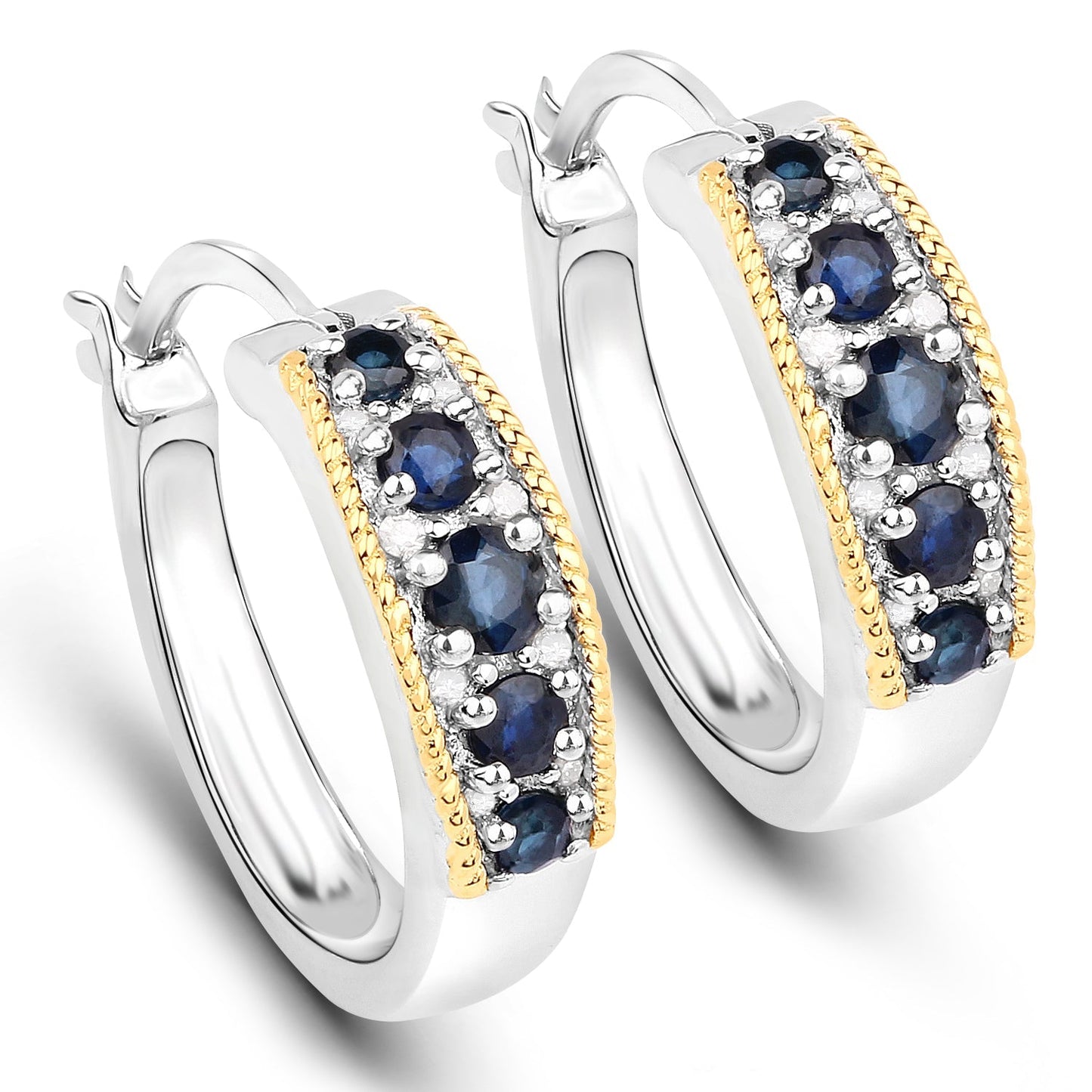 0.70 Carat Genuine Blue Sapphire and White Diamond .925 Sterling Silver with 14K Yellow Gold Earrings Bids.com