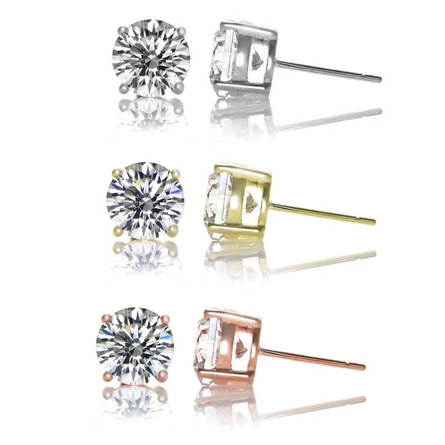 3-Pair: Sterling Silver Cubic Zirconia Stud Earrings Set DailySale