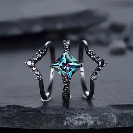 3-Piece Set: Black Square Faux Blue Zirconia Retro Luxury Ring DailySale