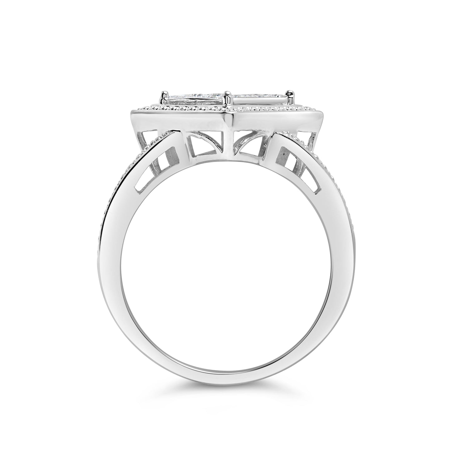 .925 Sterling Silver 1/3 Cttw Invisible Set Princess-Cut Diamond Rhombus and Beaded Halo Ring (H-I Color, SI1-SI2 Clarity) - Ring Size 7 Bids.com