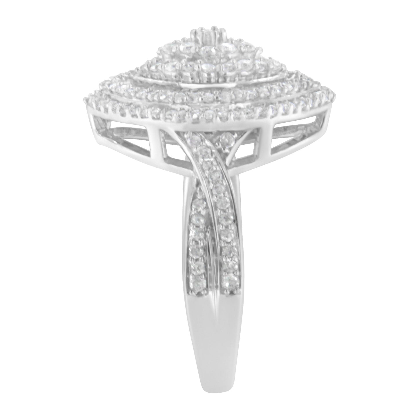 .925 Sterling Silver 1.0 Cttw Round & Baguette-Cut Diamond Marquise-Shaped Cluster Triple Stepped Halo Cocktail Fashion Ring (I-J Color, I2-I3 Clarity) - Size 7 Bids.com