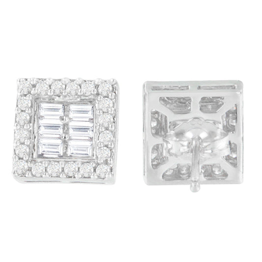 14K White Gold 1 cttw Round and Baguette Diamond Stud Earrings (H-I, SI1-SI2) Bids.com
