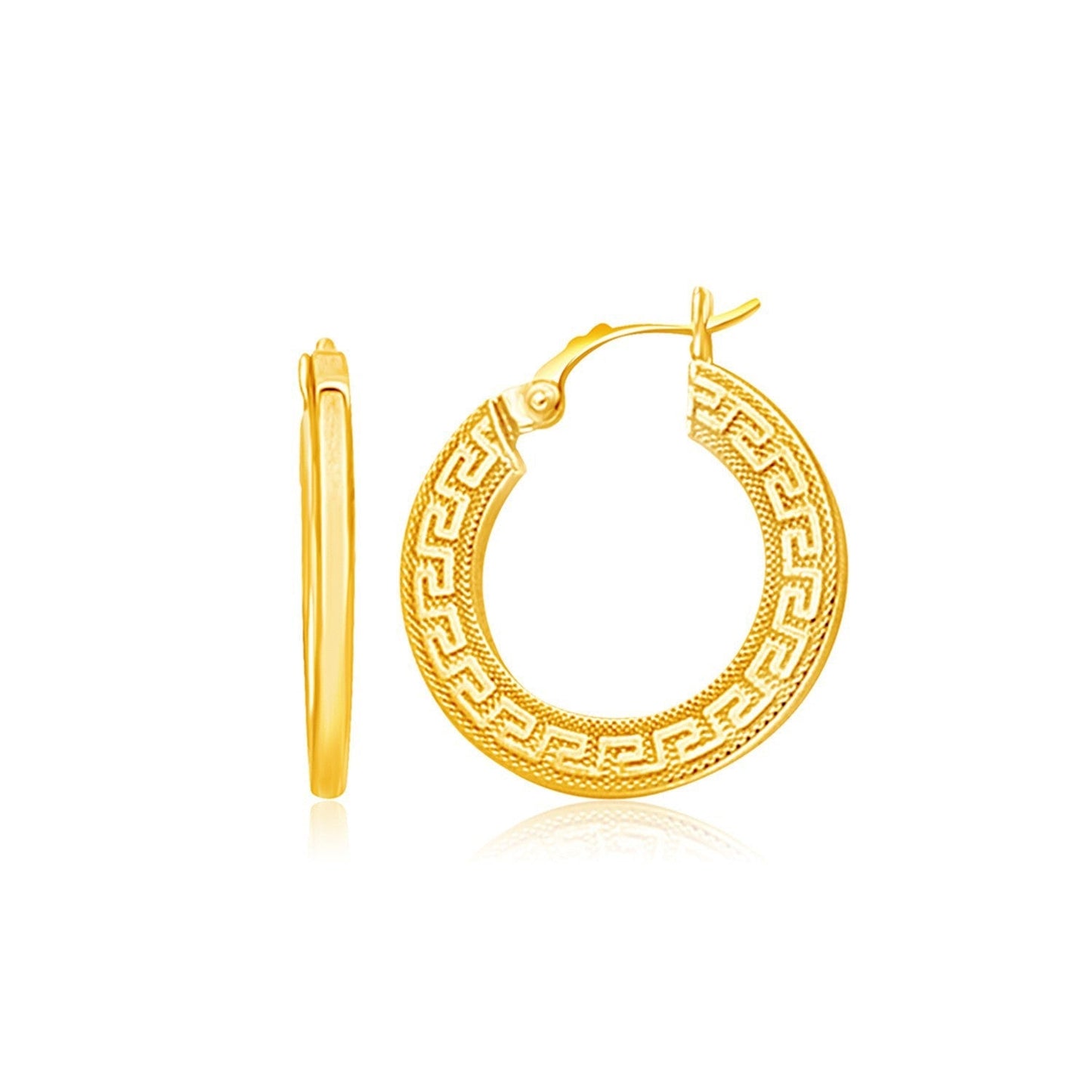 14k Yellow Gold Greek Key Medium Hoop Earrings with Flat Sides Bids.com