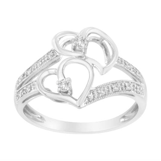 14KT White Gold 1/10 cttw Diamond Twin Heart Ring - Size 6.5 Bids.com