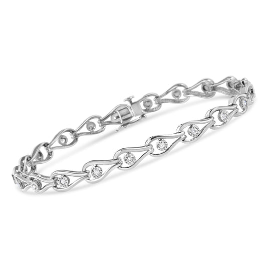 .925 Sterling Silver 1/10 Cttw Miracle-Set Diamond Pear Shape and Bezel Link Bracelet (I-J Color, I3 Clarity) - 7.25" Bids.com