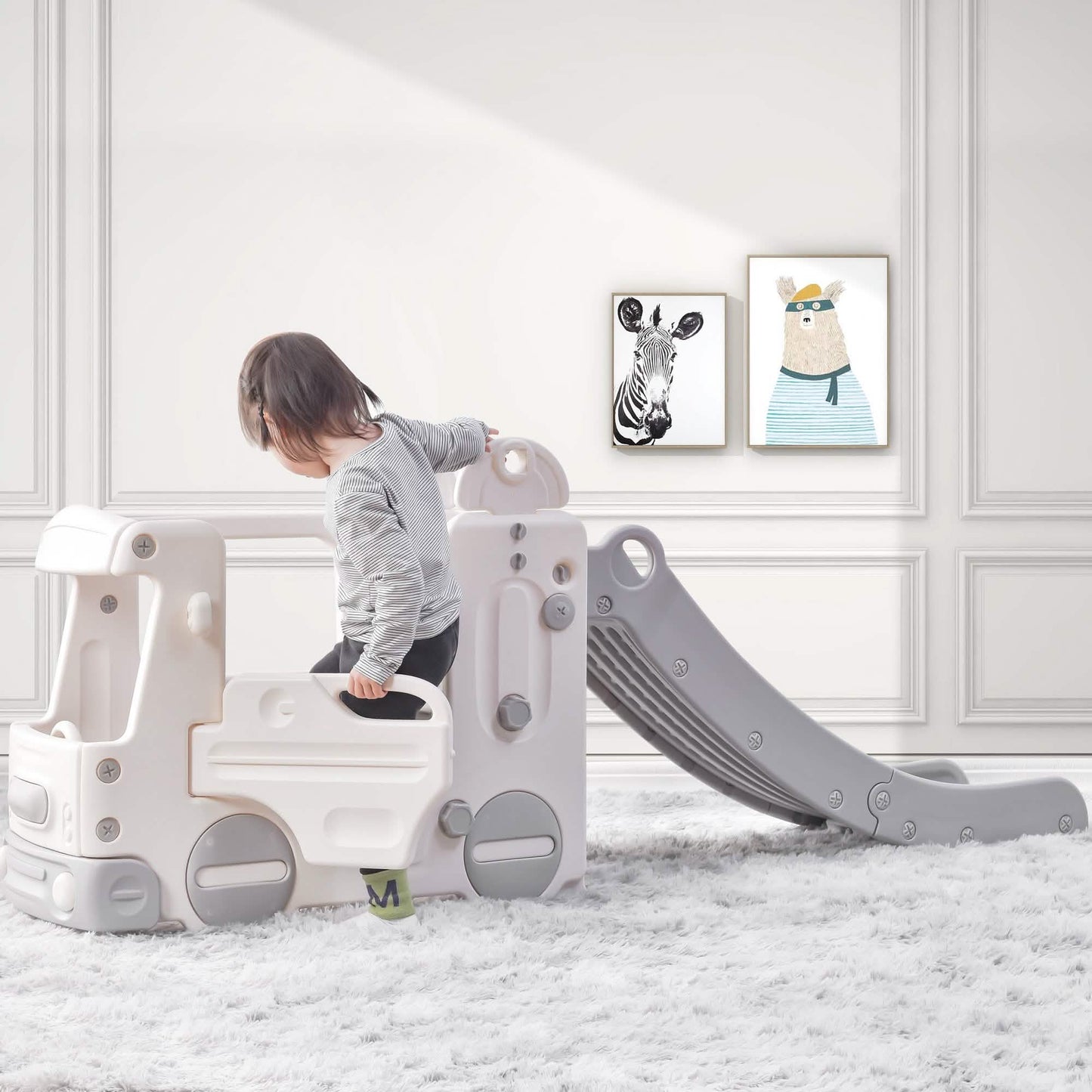 4-in-1 Slide with Bus Climber Slide Set with Basketball Hoop Indoor and Outdoor DailySale