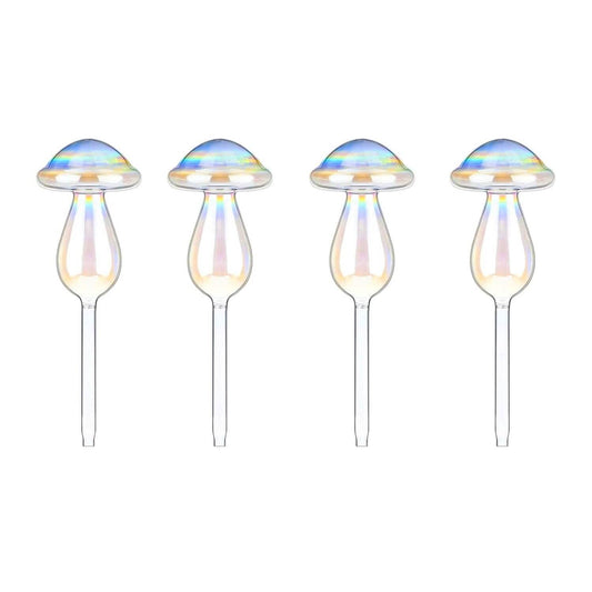 4-Pieces: Clear Glass Plant Watering Globes Iridescent Rainbow Gradient Mushroom DailySale