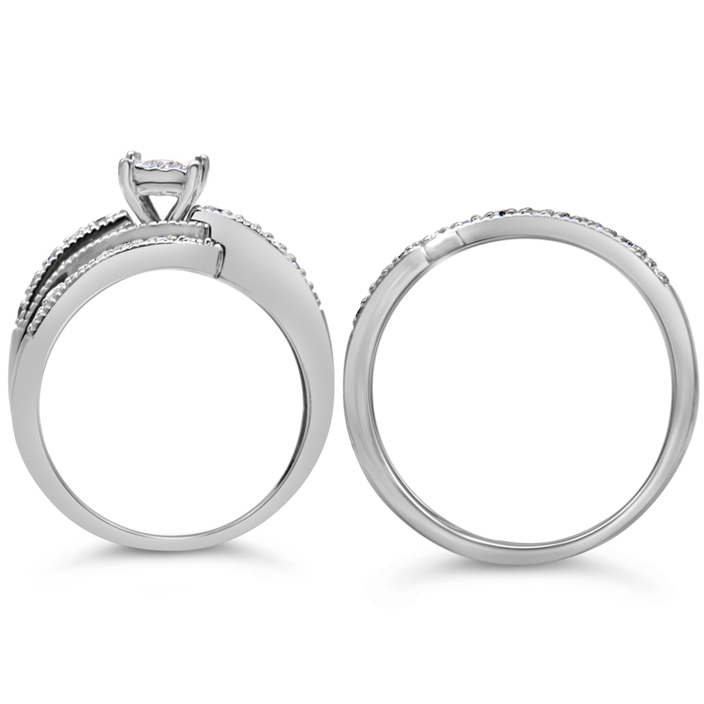 .925 Sterling Silver 1/3 Cttw Round Diamond Crisscross Engagement Ring Bridal Set (H-I Color, I1-I2 Clarity ) - Size 7 Bids.com