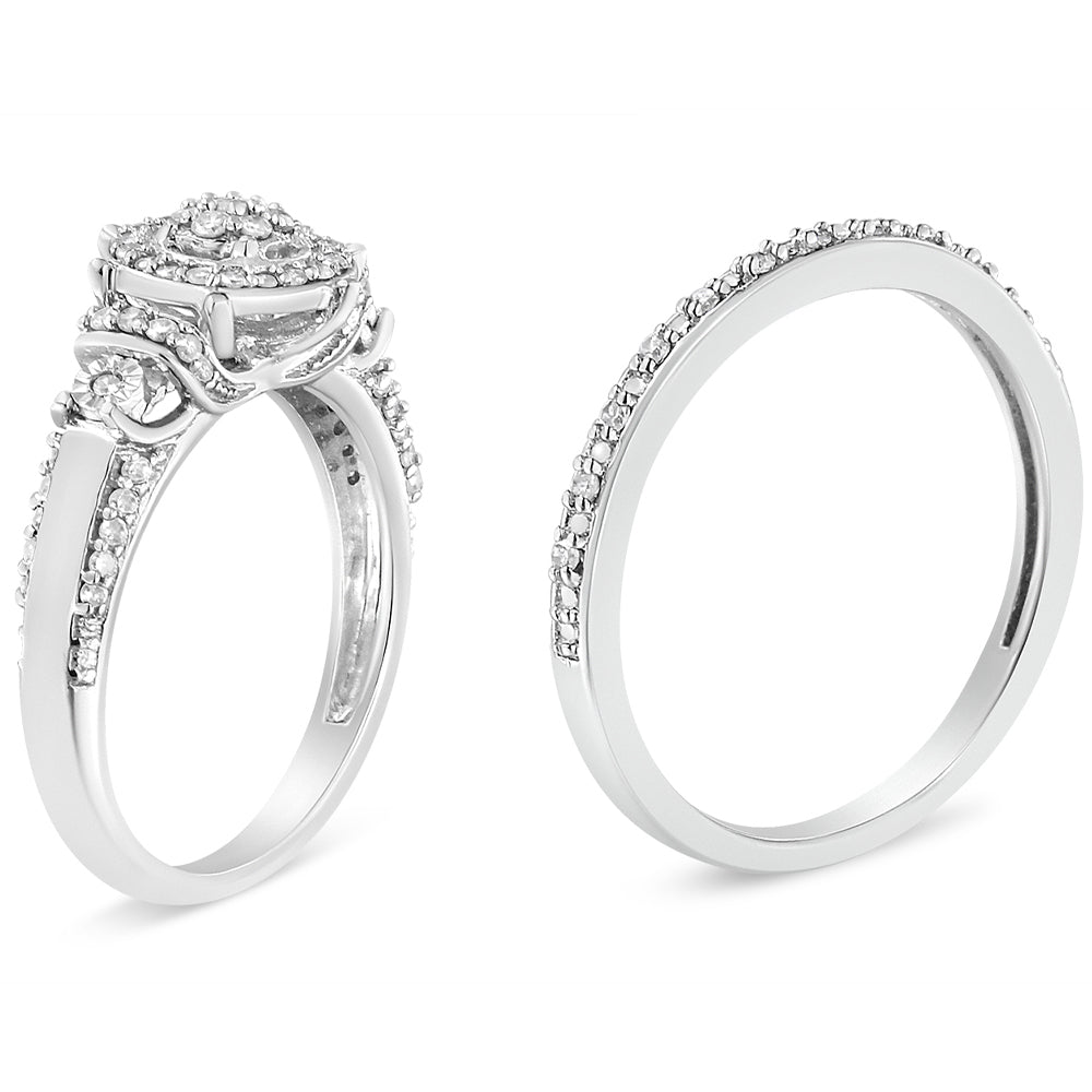 .925 Sterling Silver 1/3 Cttw Diamond 7 Stone Cluster and Halo Engagement Ring and Wedding Band Set (I-J Color, I1-I2 Clarity) - Size 7 Bids.com