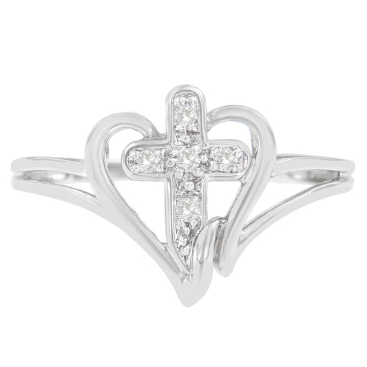 10K White Gold Diamond-Accented Cross & Open Heart Promise Fashion Ring (H-I Color, I1-I2 Clarity) - Size 7 Bids.com