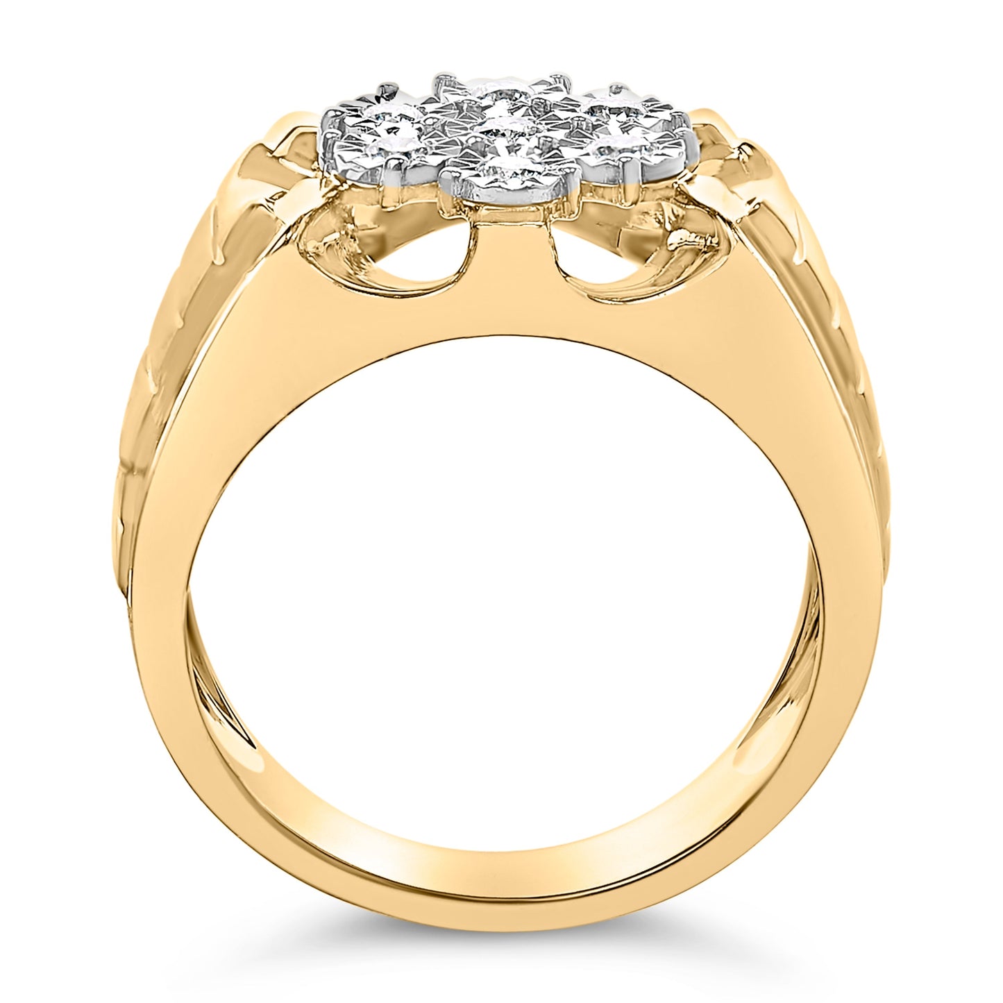 Men's 14K Yellow Gold Plated .925 Sterling Silver 1/3 Cttw Miracle-Set Floral Diamond Cluster Ring (I-J Color, I1-I2 Clarity) - Size 10 Bids.com