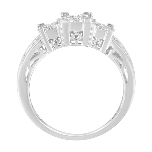 10K White Gold 1/2 Cttw Brilliant & Baguette Cut Diamond 3 Stone Design with 3 Square Clusters Engagement Ring (H-I Color, SI2-I1 Clarity) - Size 6-3/4 Bids.com