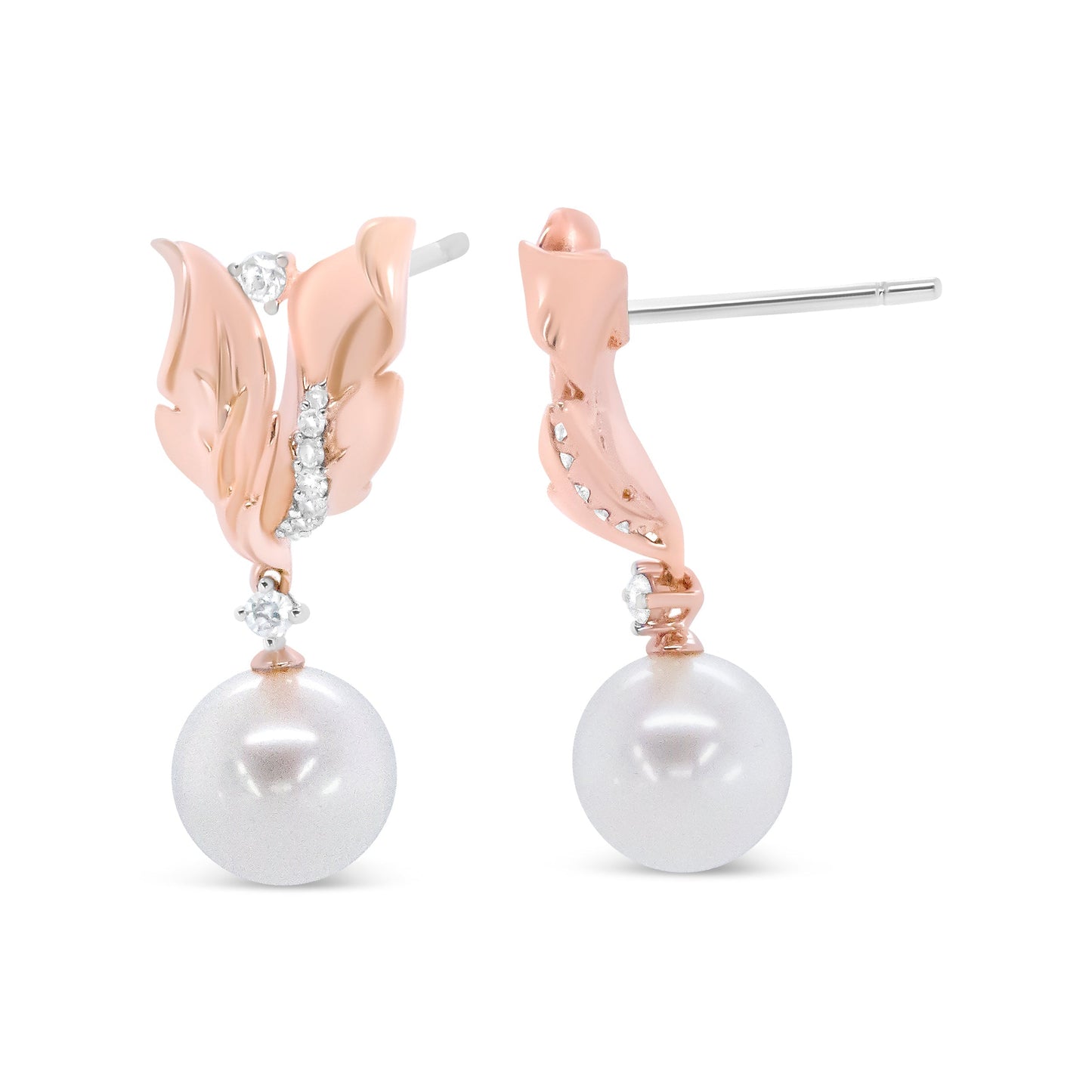 14K Rose Gold 1/6 Cttw Round Diamond and 8mm Round Pearl Floral Drop Stud Earrings (H-I Color, I1-I2 Clarity) Bids.com