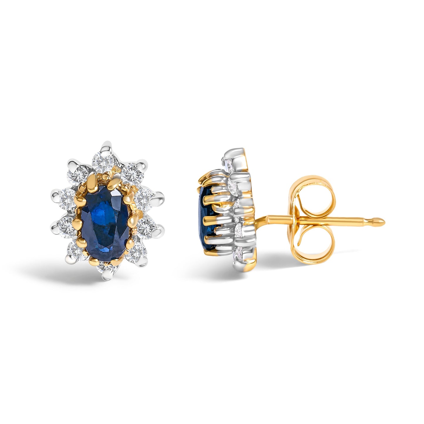14K Yellow Gold 1/4 Cttw Diamond and Blue Sapphire Sunburst Halo Stud Earrings (K-L Color, I1-I2 Clarity) Bids.com