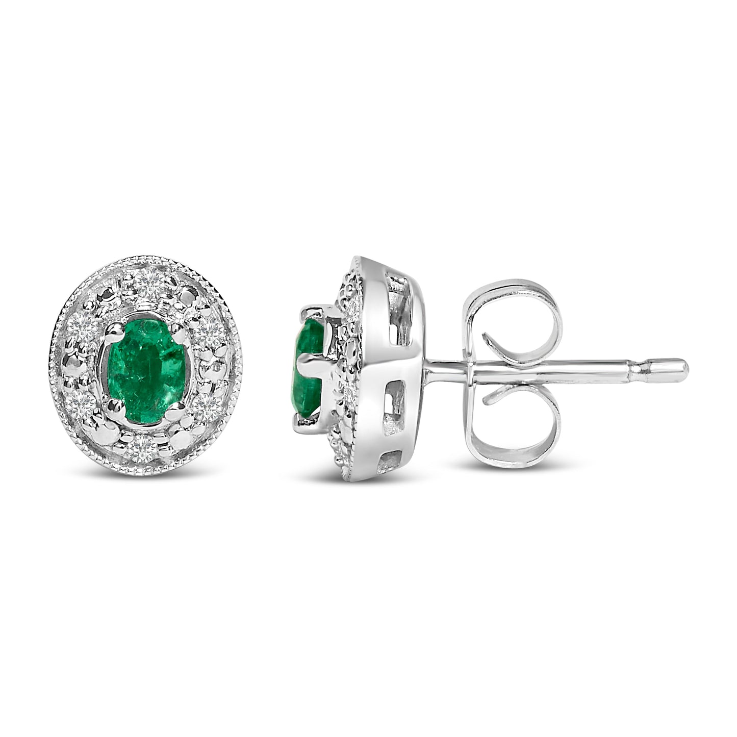 14K White Gold Oval Green Emerald and 1/10 Cttw Diamond Halo Stud Earrings (I-J Color, I1-I2 Clarity) Bids.com