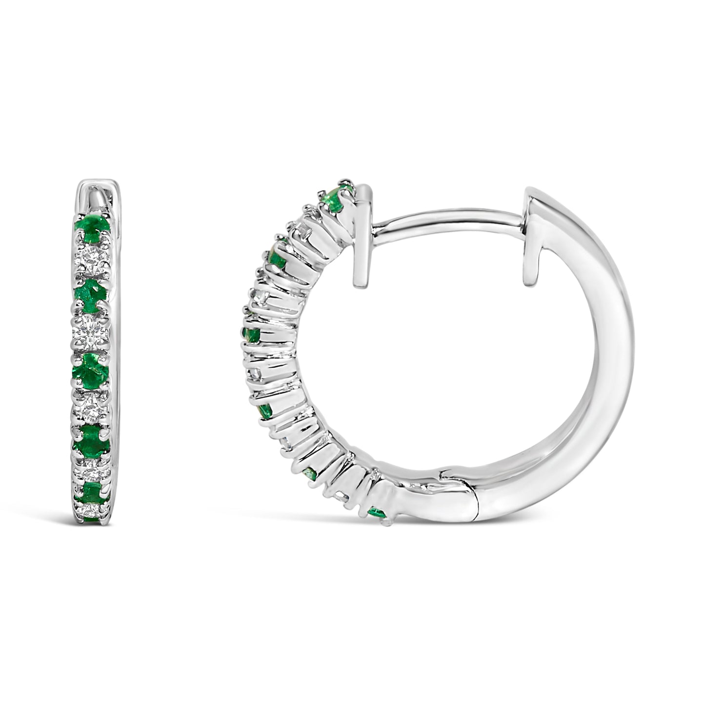 10K White Gold Alternating Emerald 1/10 Cttw Diamond Huggy Hoop Earrings (I-J Color, I1-I2 Clarity) Bids.com