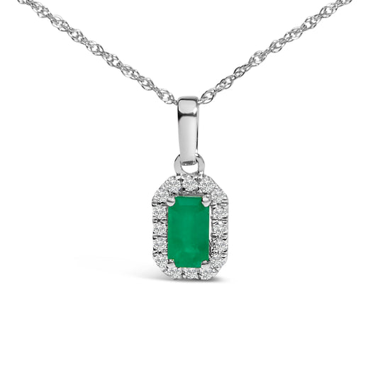 10K White Gold 5x3mm Green Emerald and Diamond Accent Halo Octagonal Shape 18" Pendant Necklace (I-J Color, I1-I2 Clarity) Bids.com
